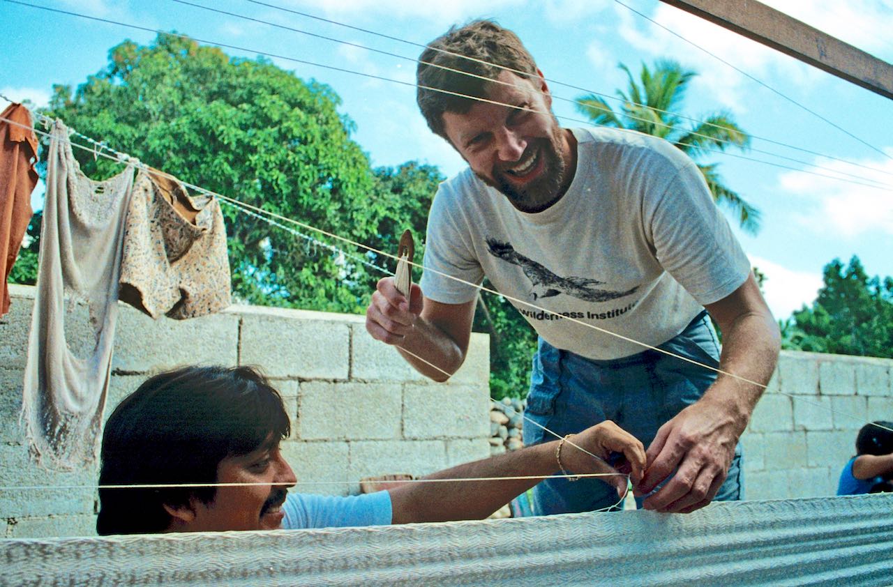 Learning to weave a hammock in the village of Tixkokob.