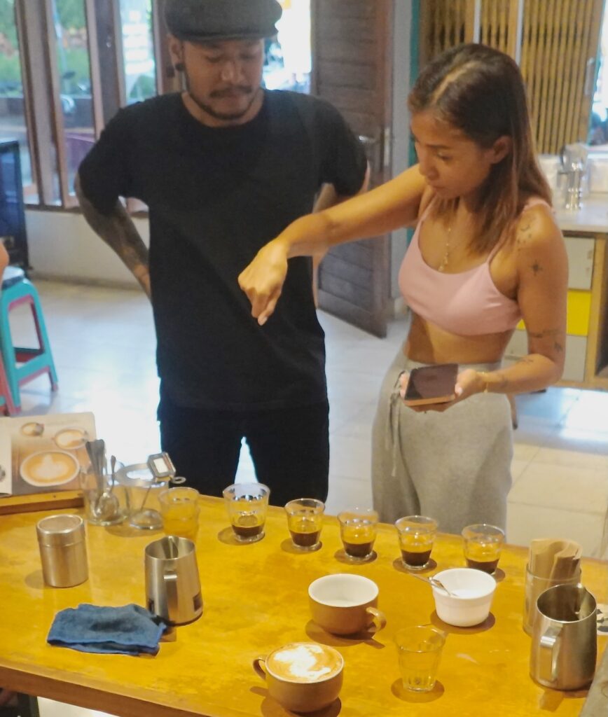 During Latte Art class at Seniman Coffee